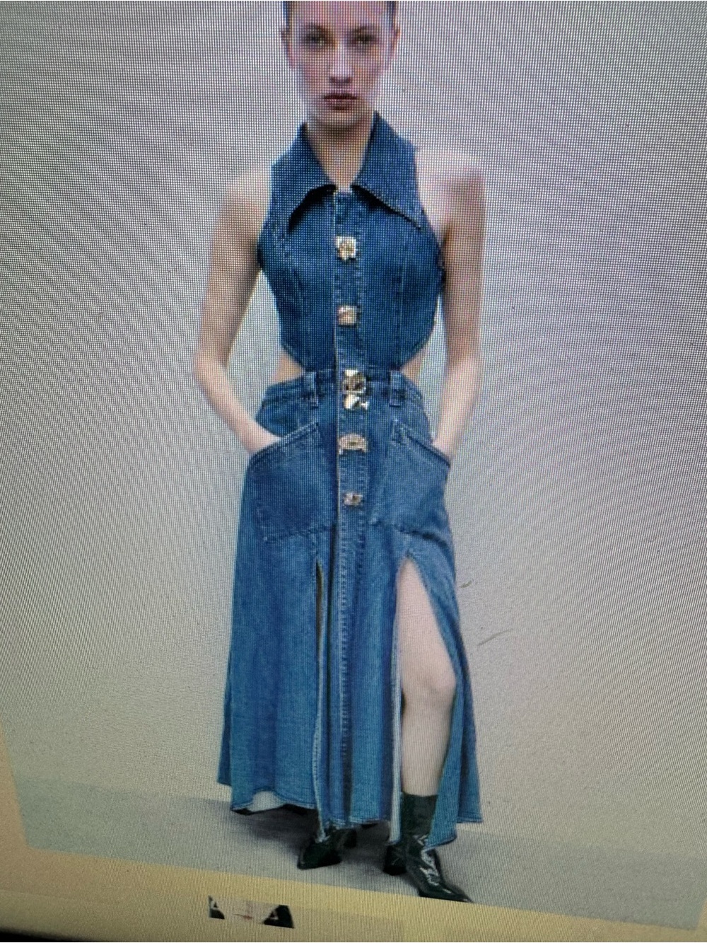 Sleeveless Blue Denim Maxi Dress with Cutout Waist